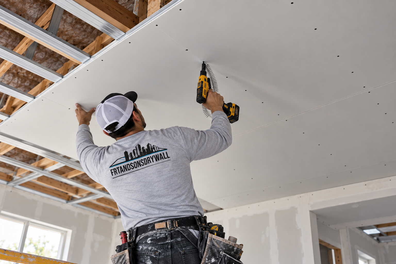 FRT and Sons Drywall installer hanging ceiling drywall with autofeed screw gun