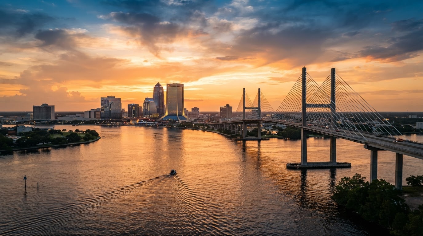Jacksonville skyline over the St. Johns River at golden hour