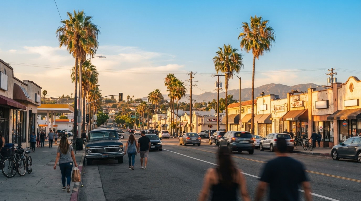 A bustling main street in the San Gabriel Valley, representing the La Puente local business community