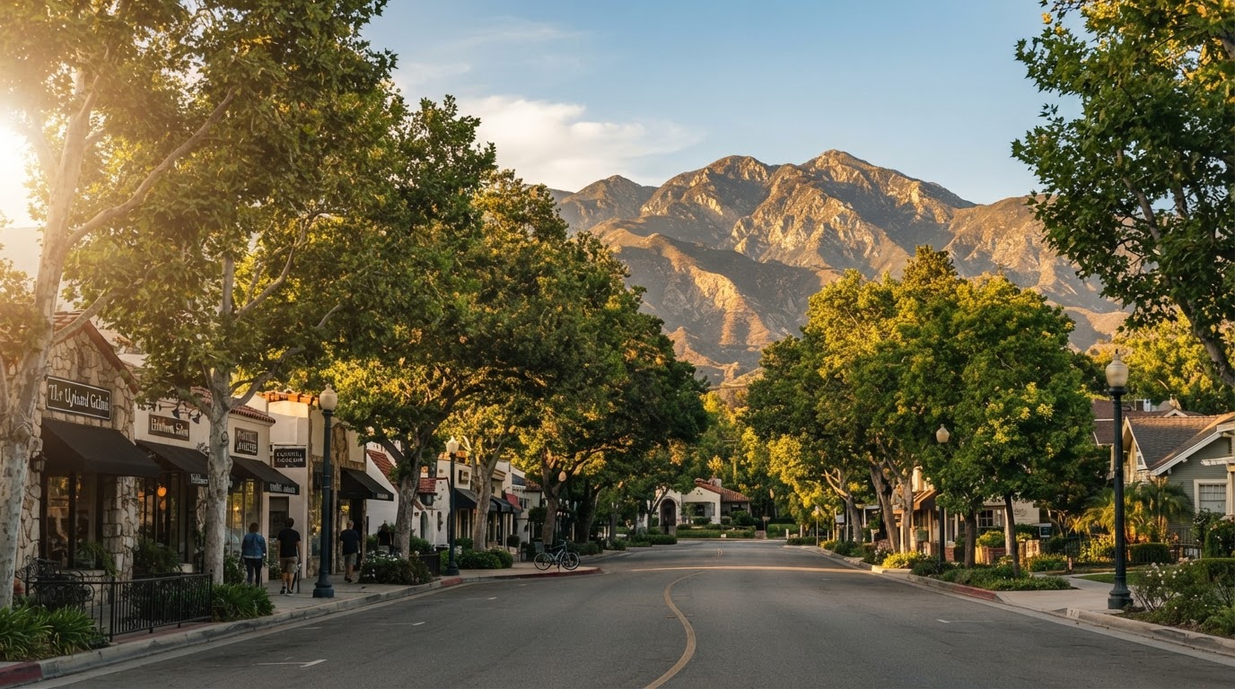 A bustling main street in the San Gabriel Valley, representing the Upland local business community