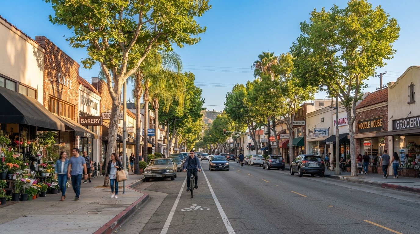 A bustling main street in the San Gabriel Valley, representing the Alhambra local business community