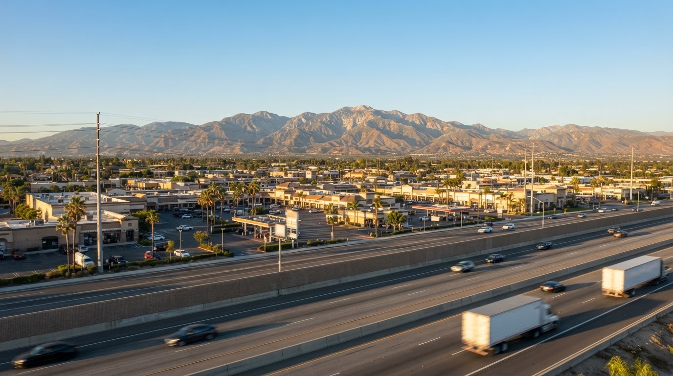 A bustling main street in the San Gabriel Valley, representing the Fontana local business community