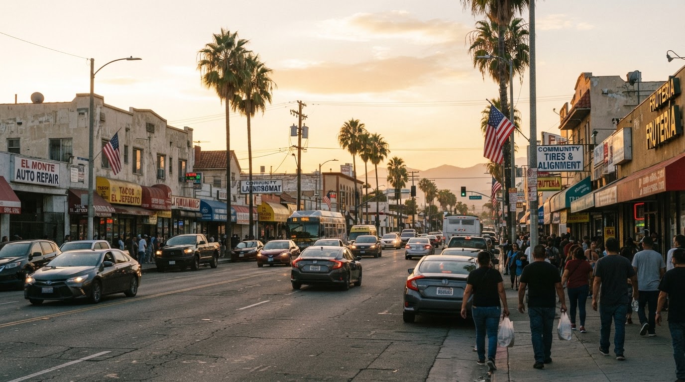 A bustling main street in the San Gabriel Valley, representing the El Monte local business community