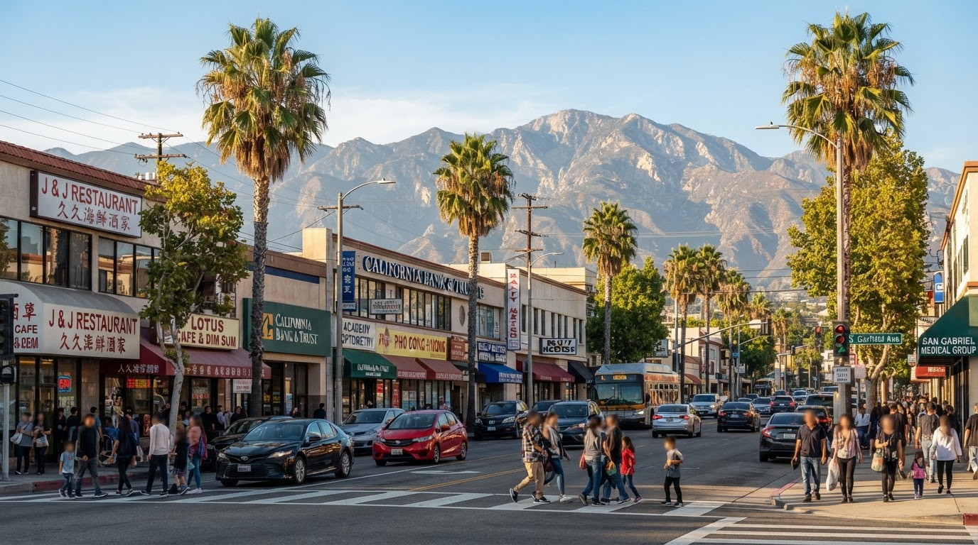 A bustling main street in the San Gabriel Valley, representing the Arcadia local business community