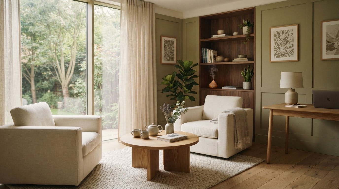A calm wellness practice consultation room with comfortable seating.