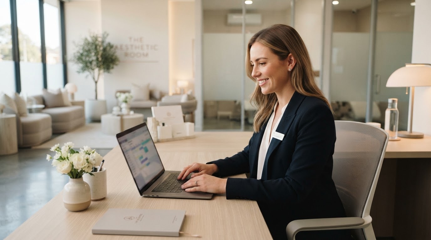 An aesthetic clinic coordinator at a clean desk in the morning reviewing a laptop.
