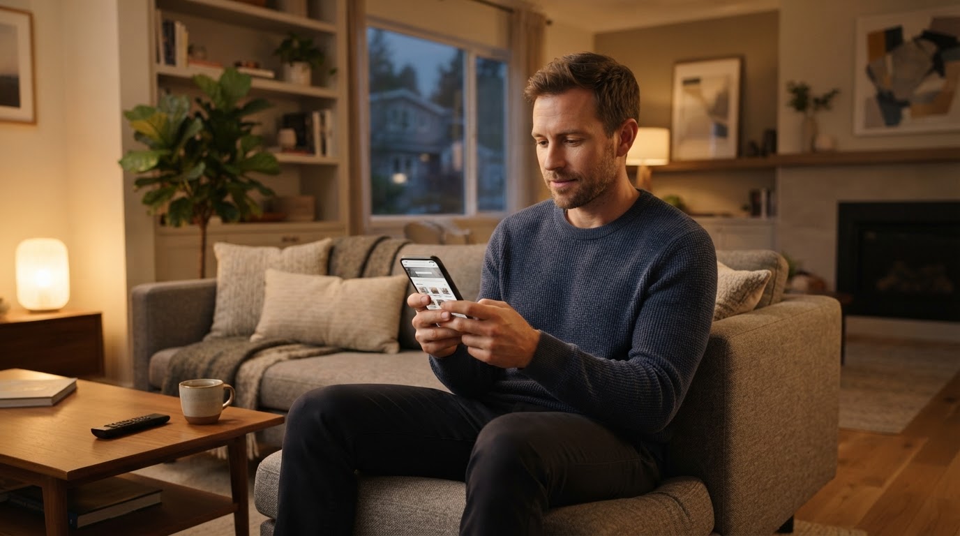A homeowner at home searching for a home service company on a phone.