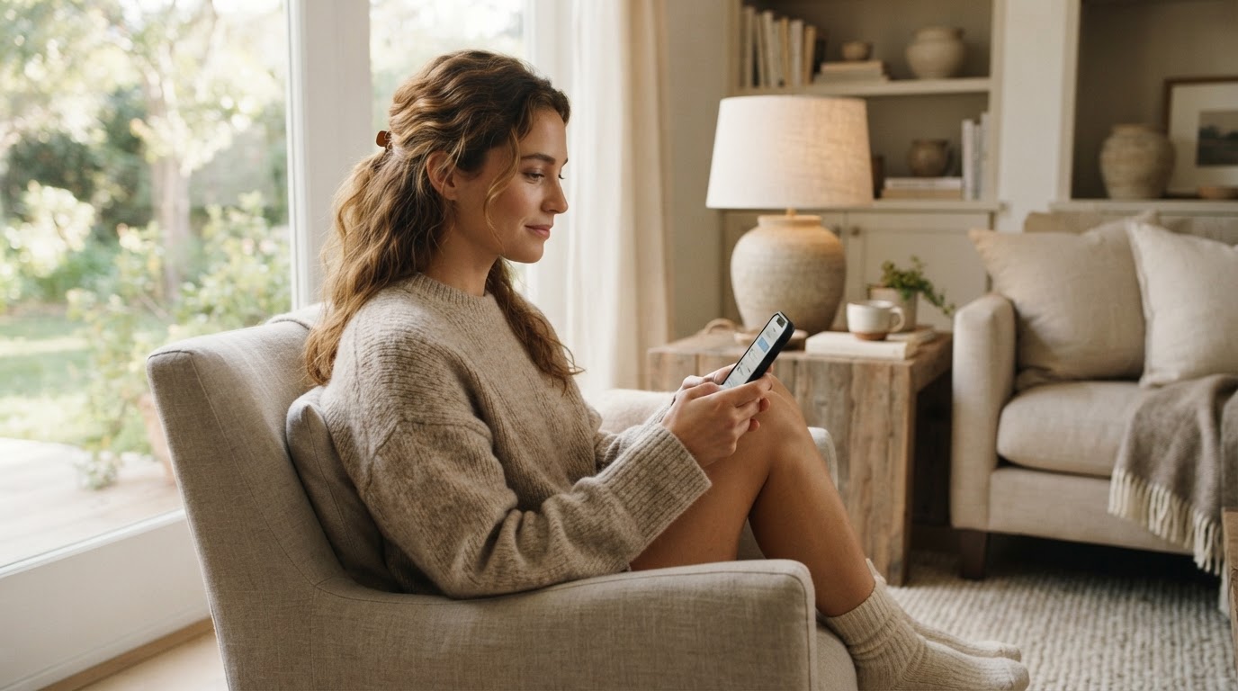 A person messaging a wellness practice on their phone from home.