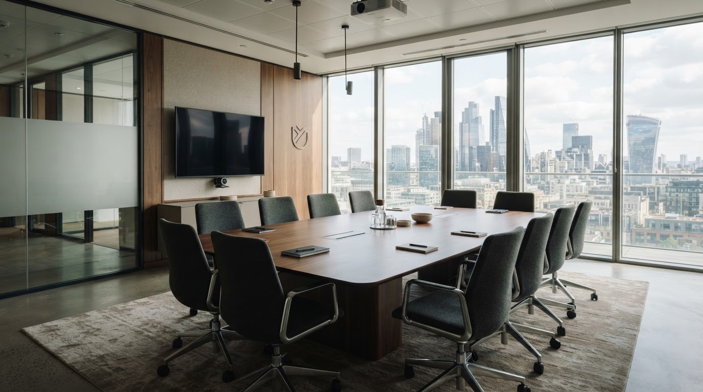 A modern insurance agency conference room with comfortable chairs.