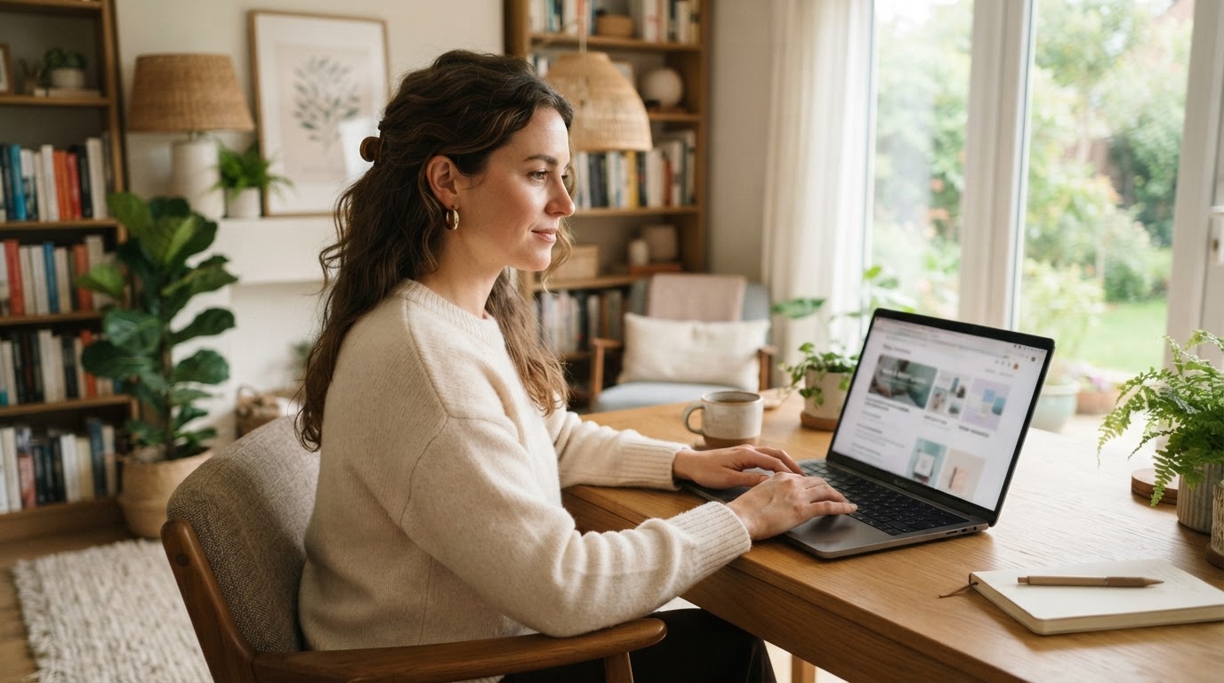 A person at home searching for a wellness practice on a laptop.