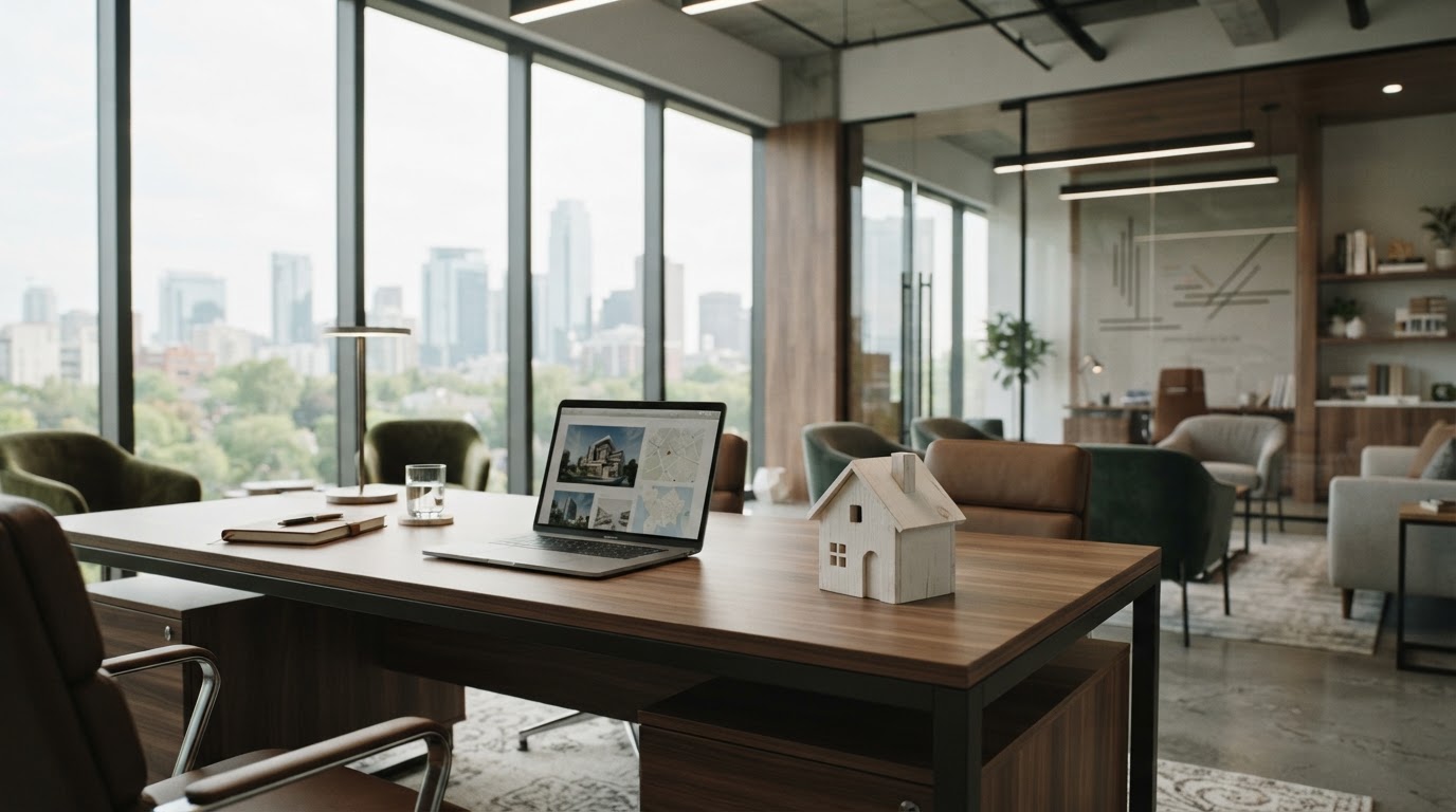 A modern real estate brokerage office with a clean desk and a small house model.