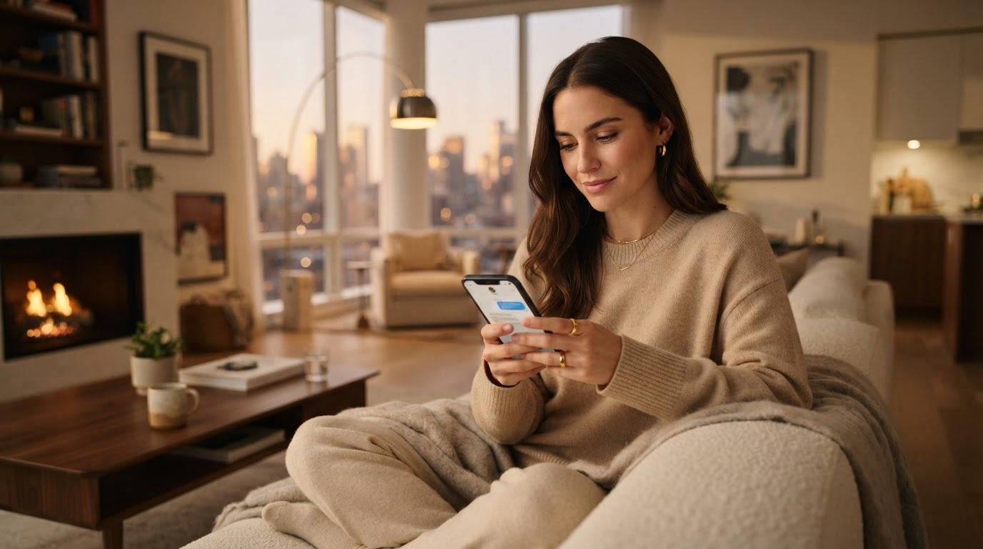 A person messaging a real estate agent on their phone from home.