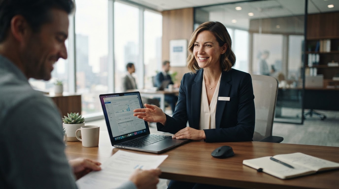 A friendly insurance agent at a clean modern desk reviewing a laptop.