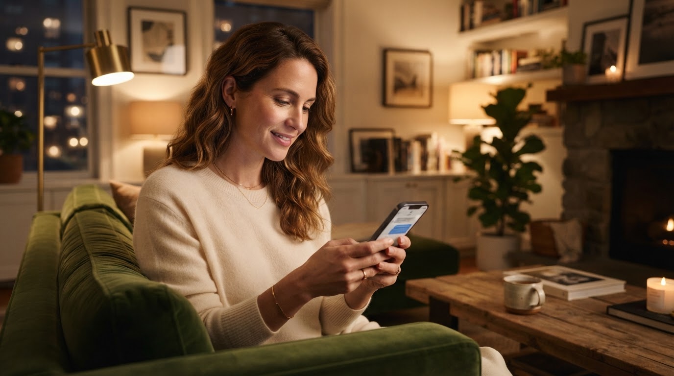 A person receiving a follow-up message on phone at home about insurance.