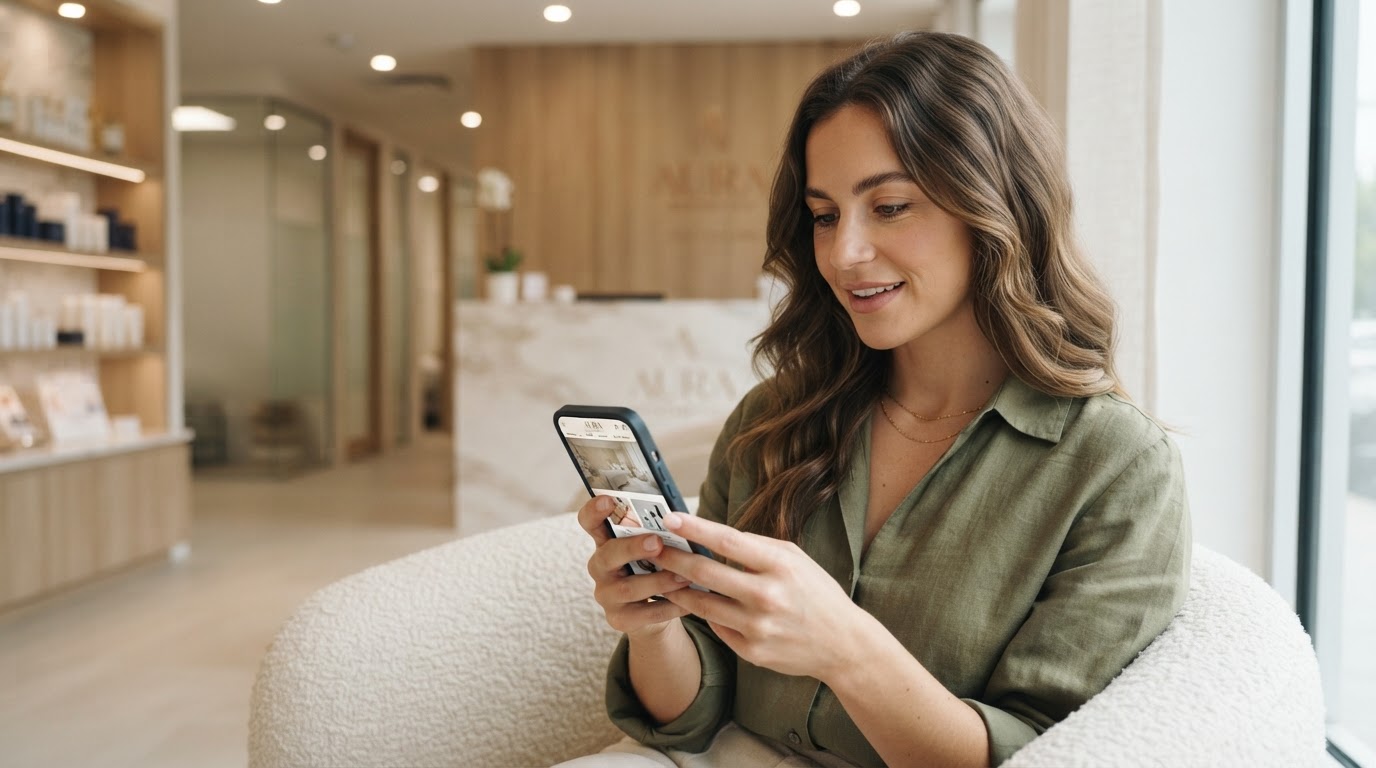 A woman viewing a sleek aesthetic clinic website on her smartphone.