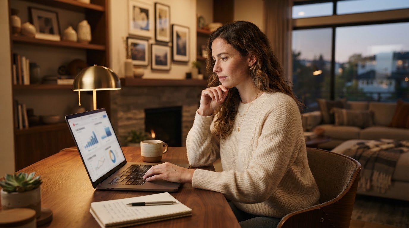 A person at home researching insurance options on a laptop.