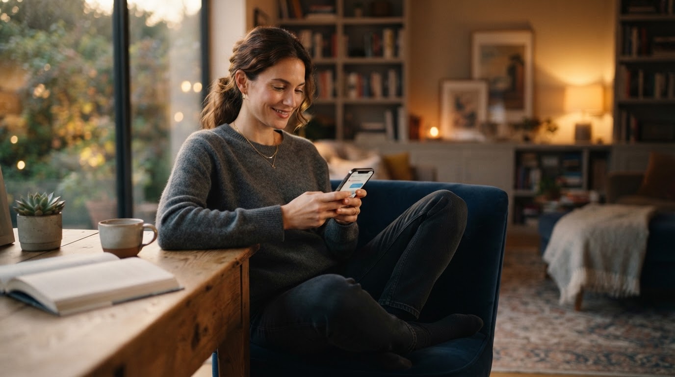 A person messaging an insurance agency on their phone from home.