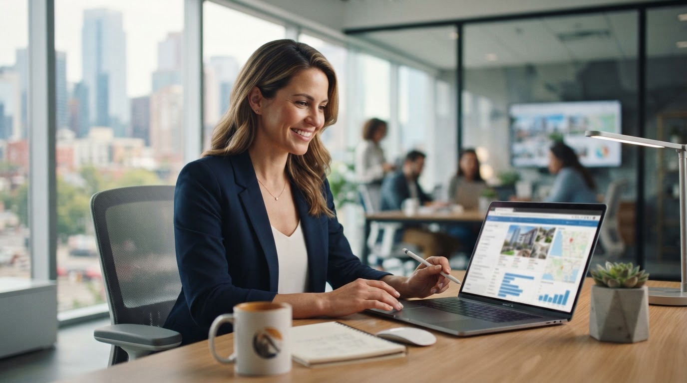 A friendly real estate agent at a clean modern desk reviewing a laptop.