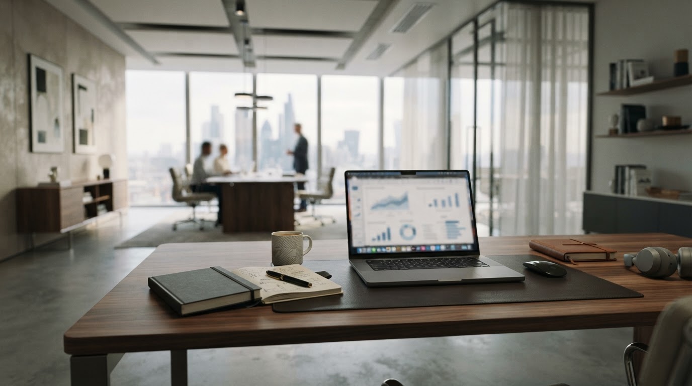 A modern professional advisory firm office with a clean desk and laptop.