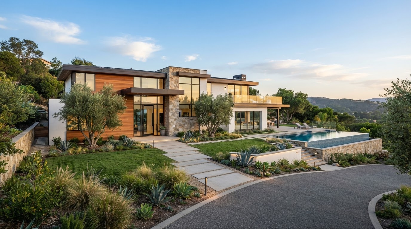 A beautiful bright modern home exterior with landscaping.