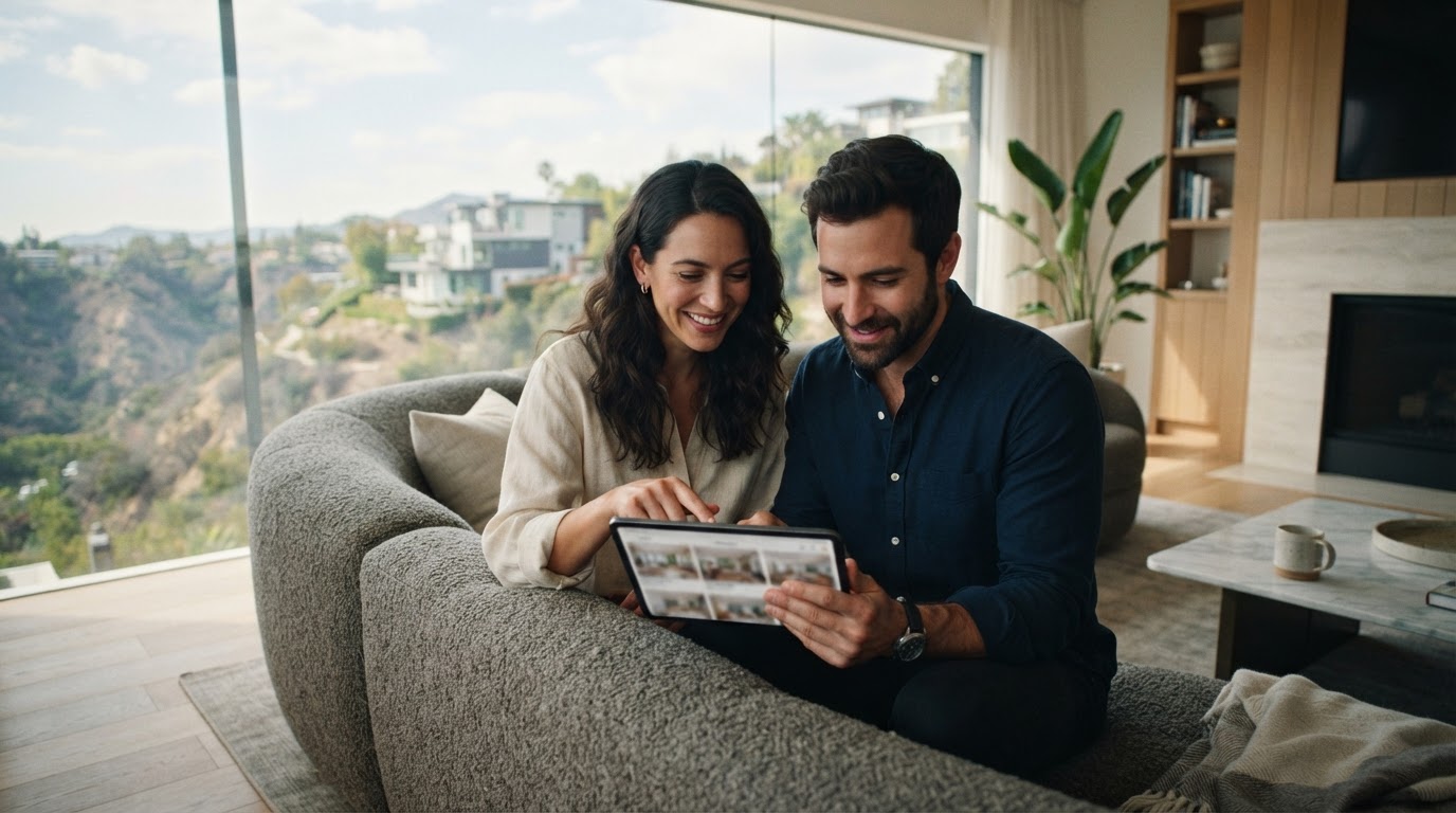 A couple viewing real estate listings on a tablet in a bright modern home.