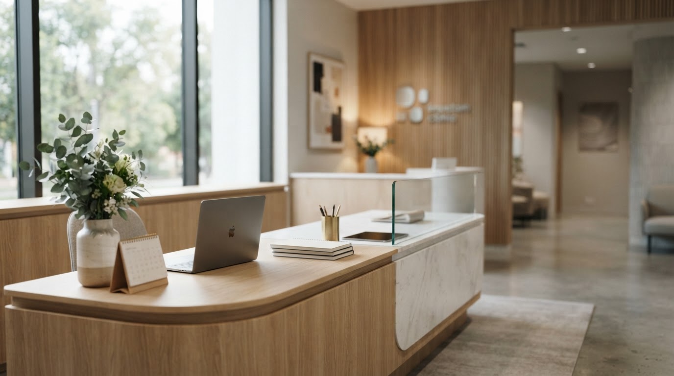 A clean modern healthcare reception desk with a calendar and laptop.