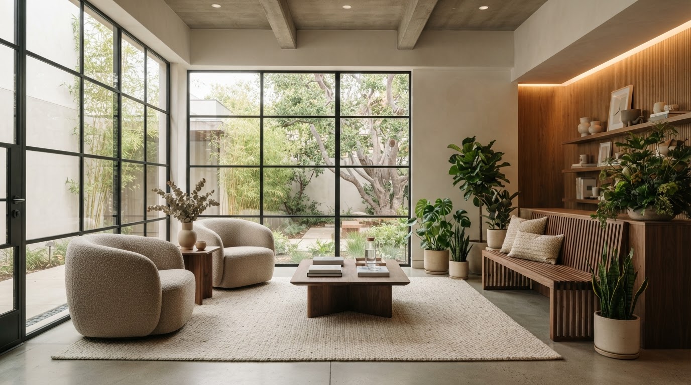 A modern wellness clinic waiting area with natural light and plants.
