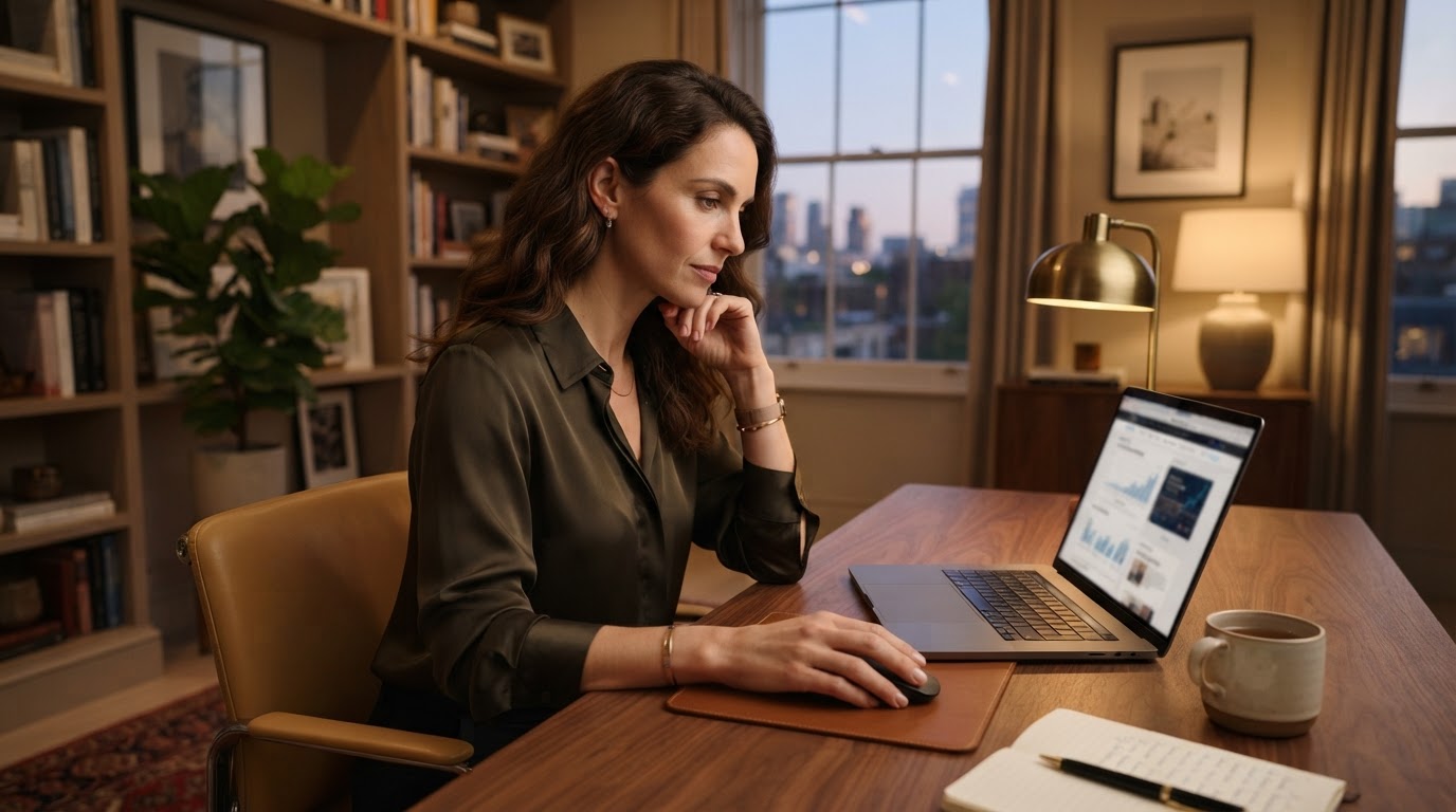 A professional in a home office researching an advisory firm on a laptop.