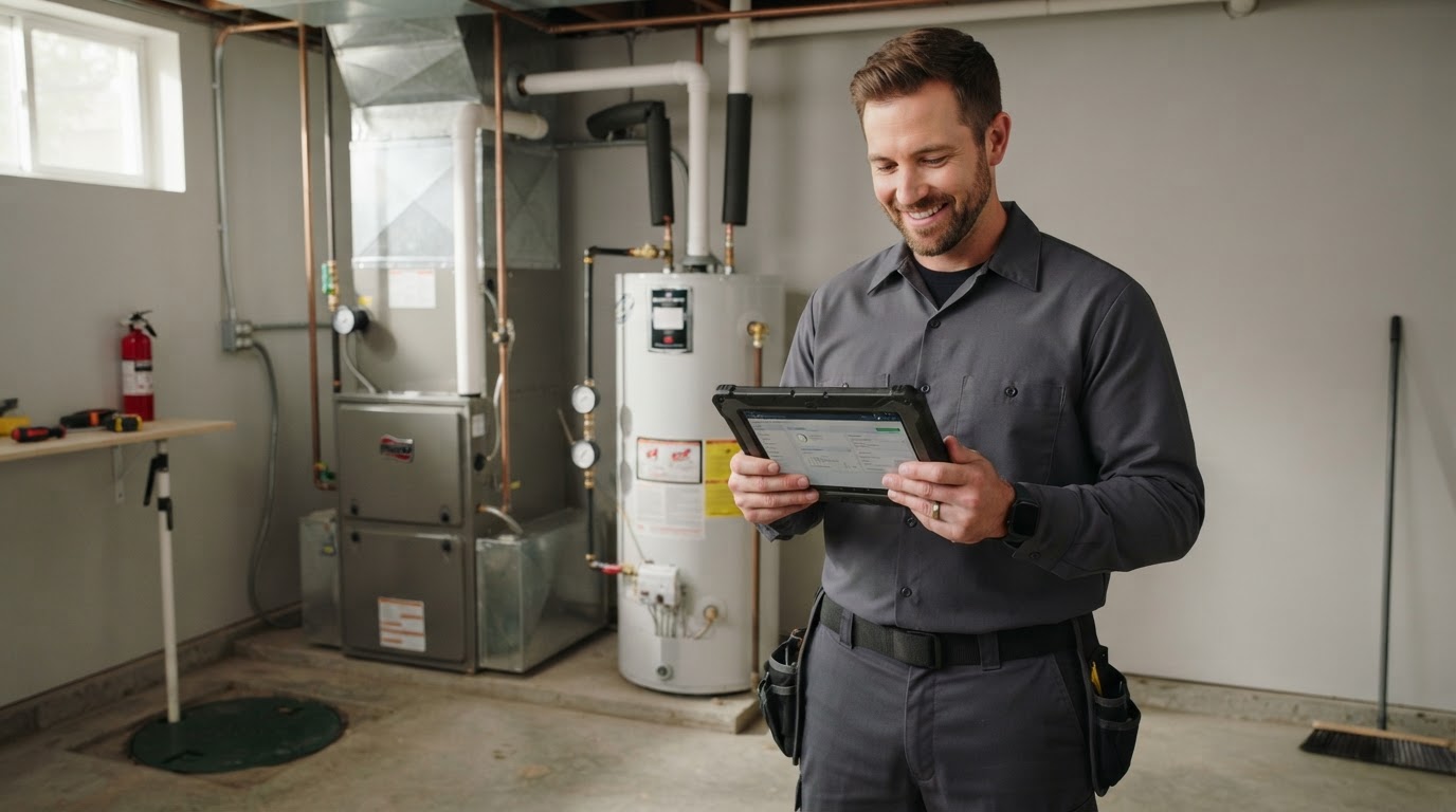 A friendly home service technician at a clean work van reviewing a tablet.