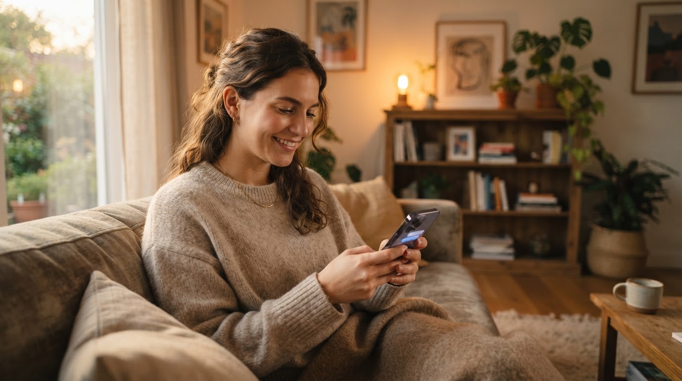 A person receiving a friendly follow-up message on their phone at home.