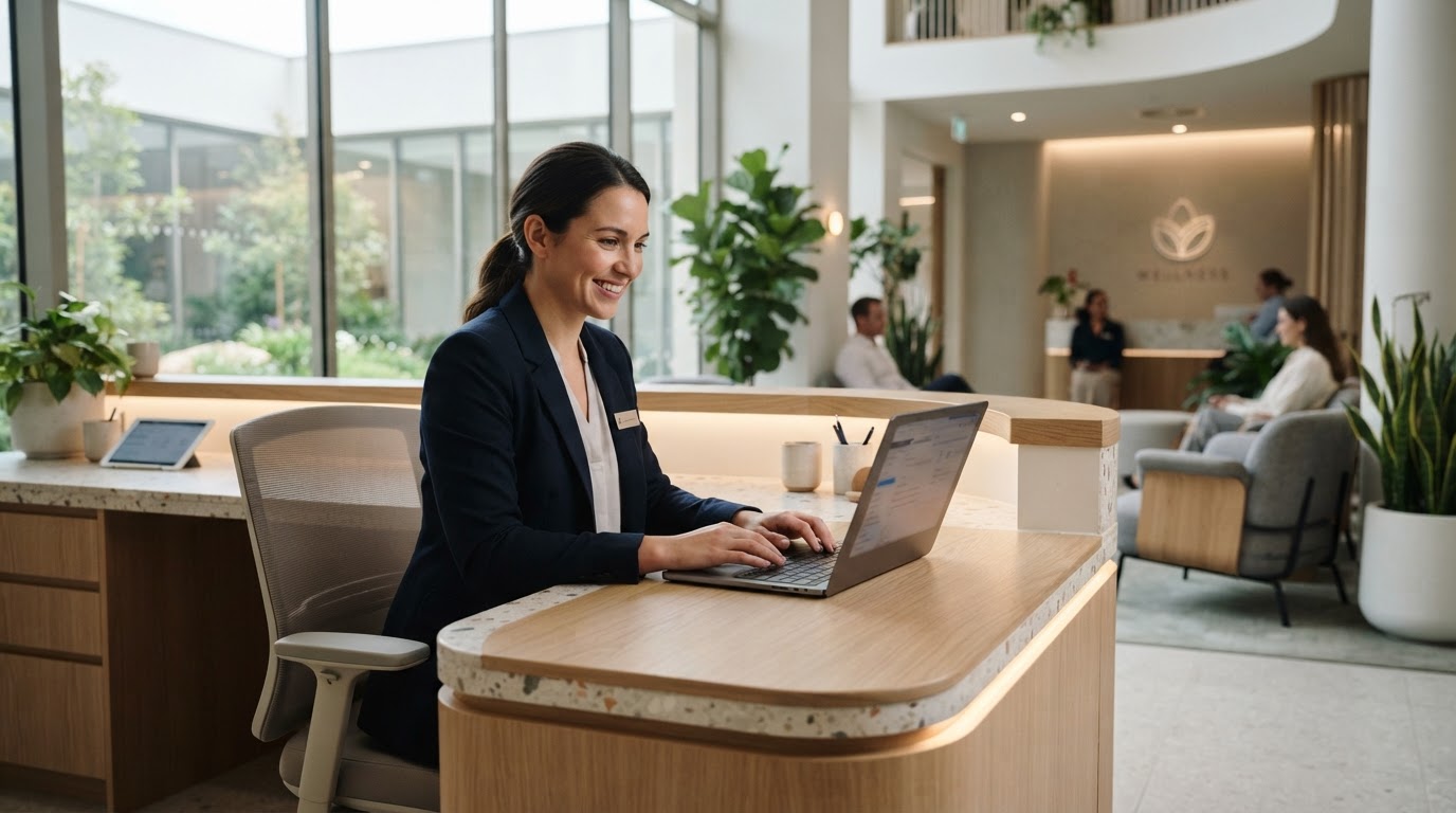 A friendly clinic coordinator at a modern wellness front desk reviewing a laptop.
