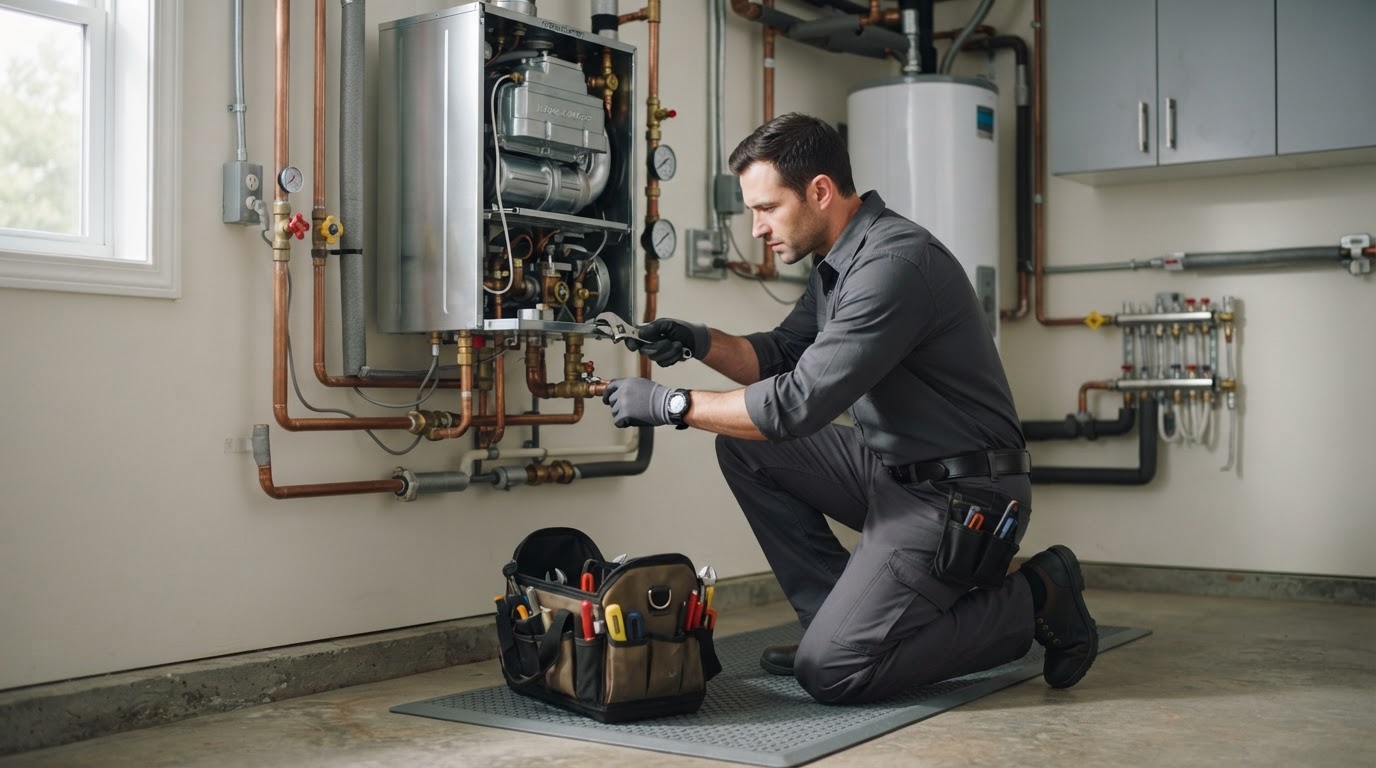 A technician installing or repairing modern home equipment in a clean utility room.