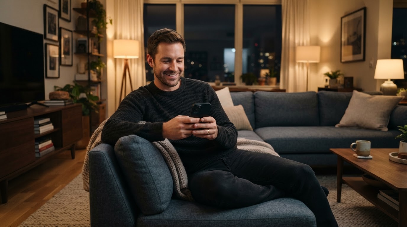 A homeowner receiving a review request on phone at home after a service visit.