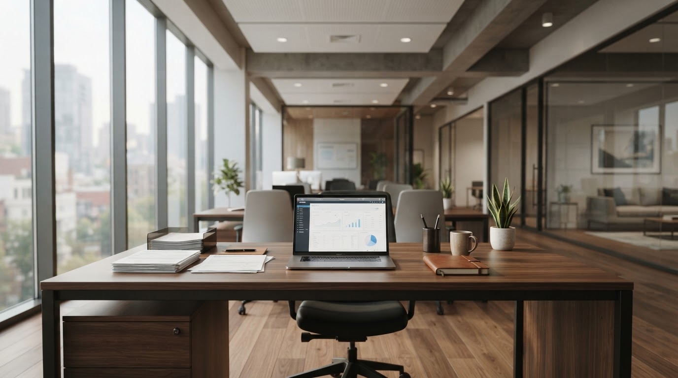 A modern professional insurance agency office with a clean desk and laptop.