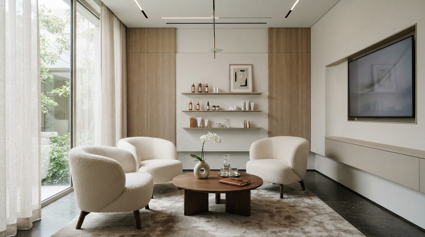 A modern luxury med spa consultation room with elegant seating.