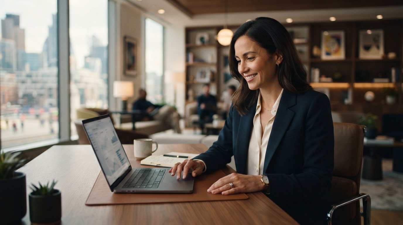 A friendly professional advisor at a clean modern desk reviewing a laptop.