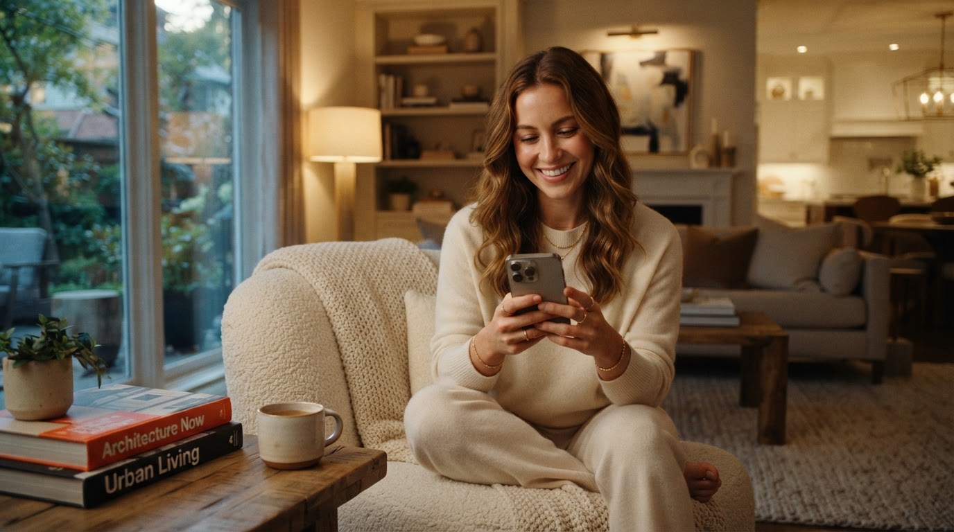 A person receiving a friendly follow-up message on phone at home.