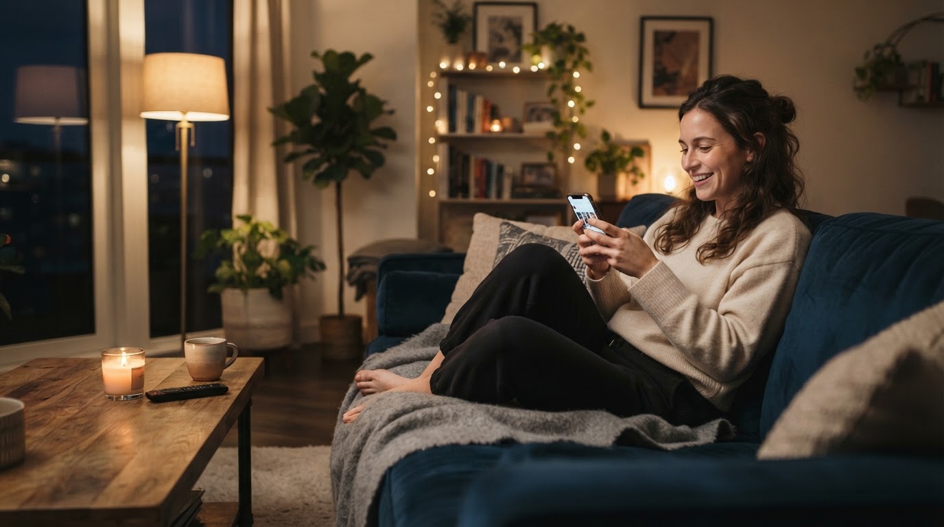 A woman relaxing at home in the evening browsing on her phone.