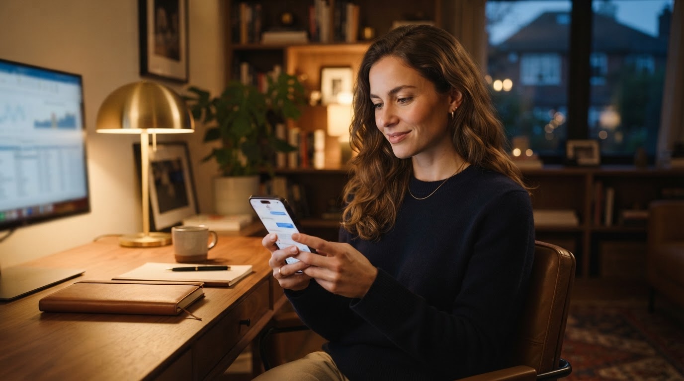A person receiving a follow-up message on phone at home, professional context.