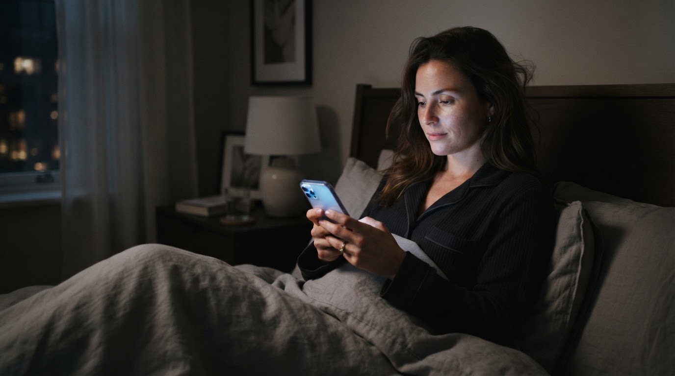 A woman using her phone in the evening to message a business.
