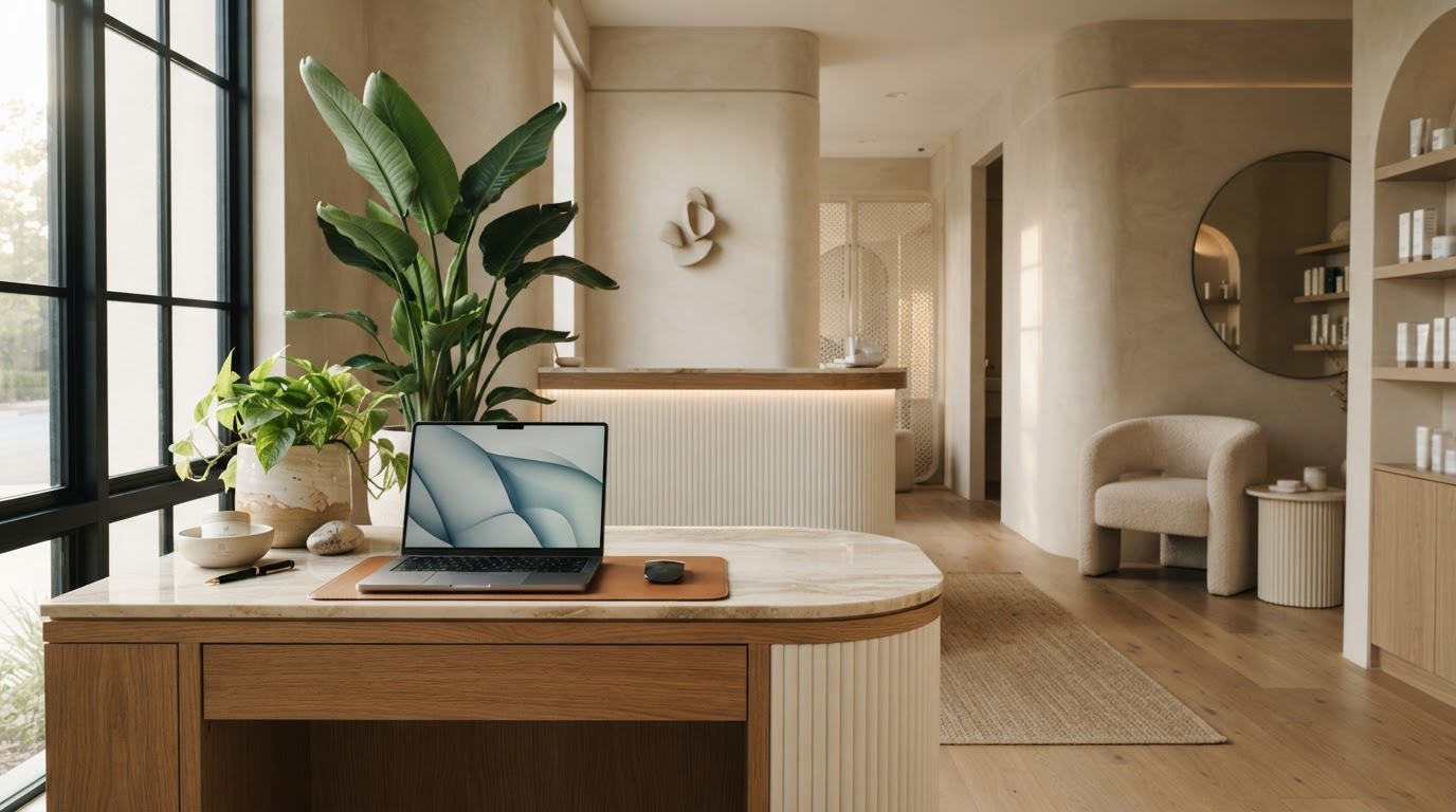 A clean modern med spa reception desk with a laptop and plants.