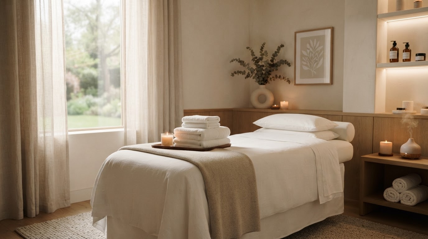 A calm med spa treatment room with soft lighting and elegant minimal decor.