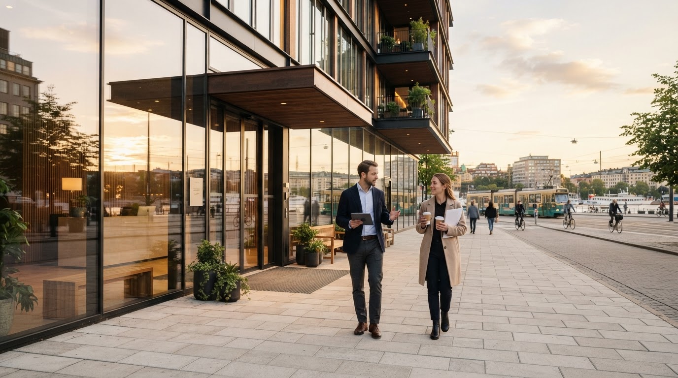 Professionella fastighetsansvariga i samtal utanför modern kommersiell fastighet i Stockholm