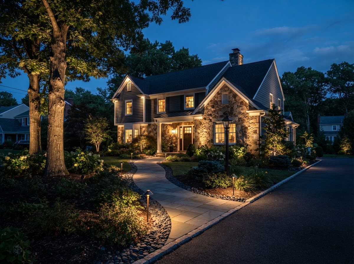 LED landscape lighting along a Somerset County home walkway at dusk