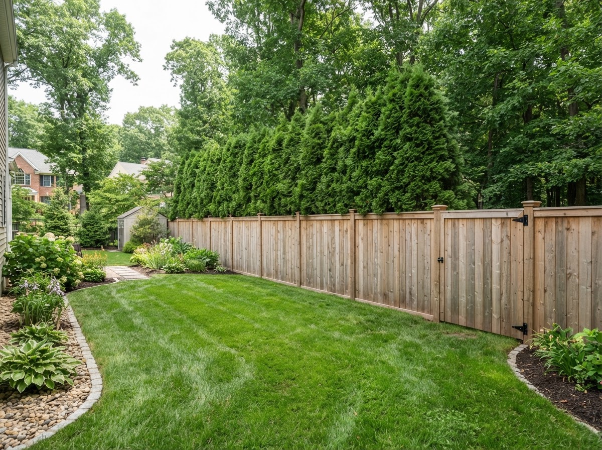 Wood privacy fence and evergreen screening in a Somerset County backyard