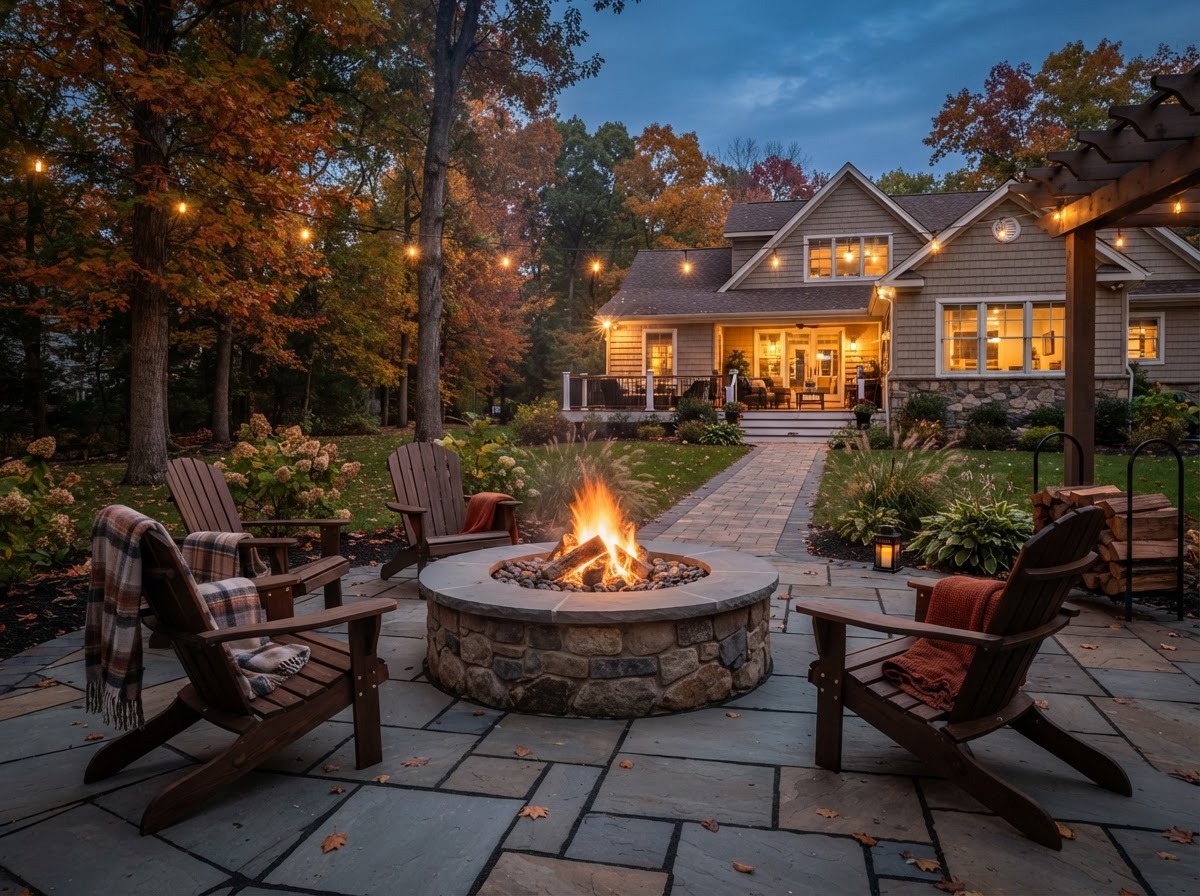 Stone fire pit outdoor living space in a Somerset County backyard