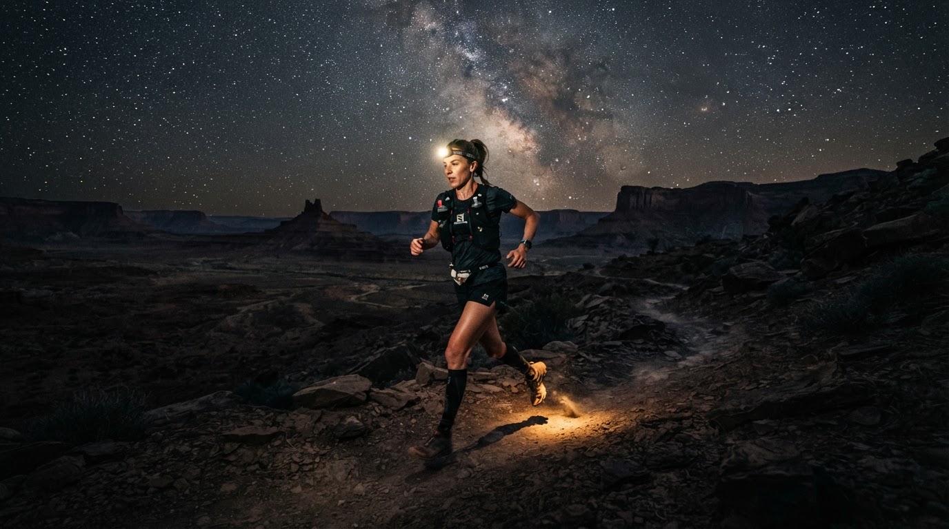 Ultra endurance runner moving through desert terrain at night under a headlamp