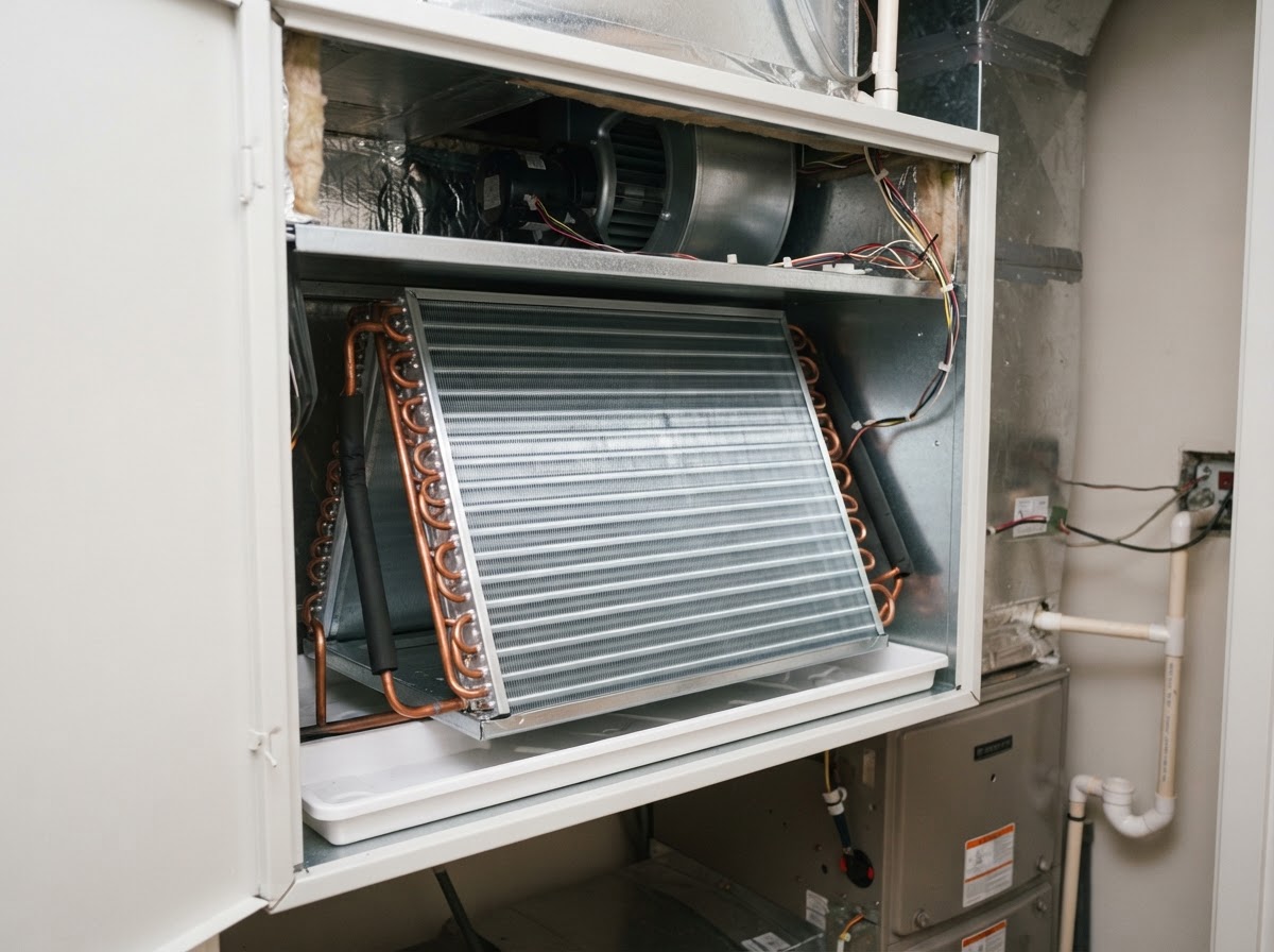 Clean dry indoor evaporator coil after defrost service in Kirkwood