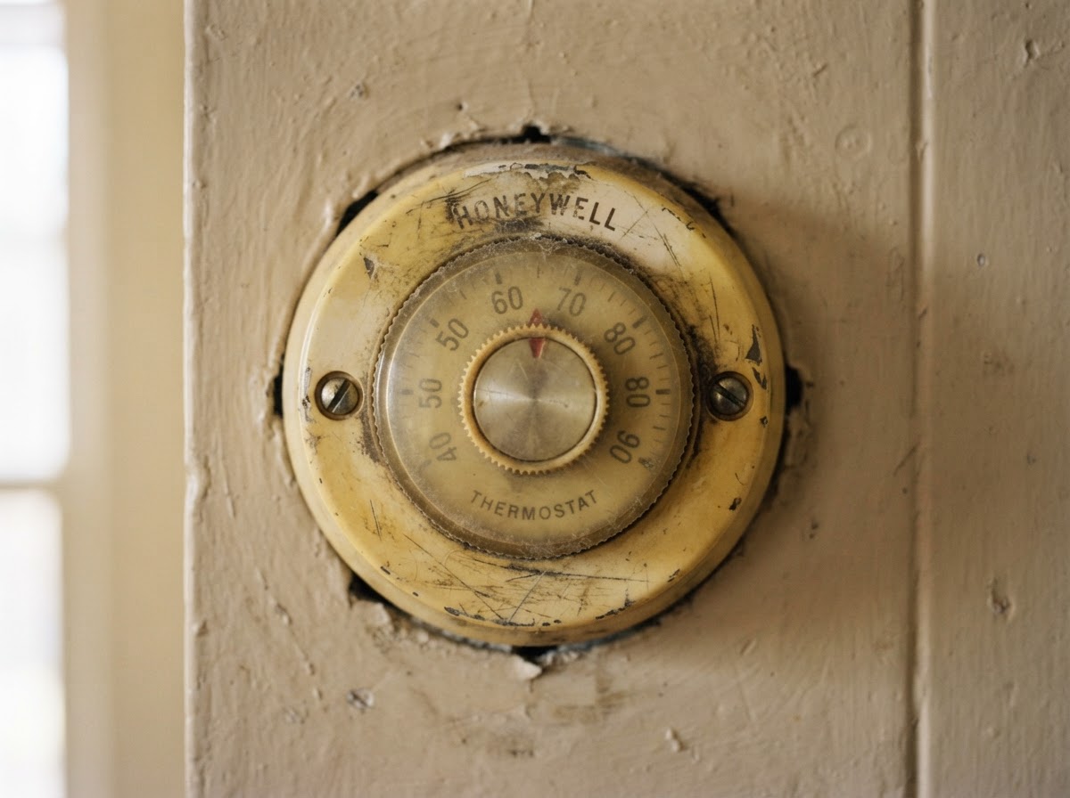 Old yellowed dial thermostat on a Chesterfield wall before upgrade