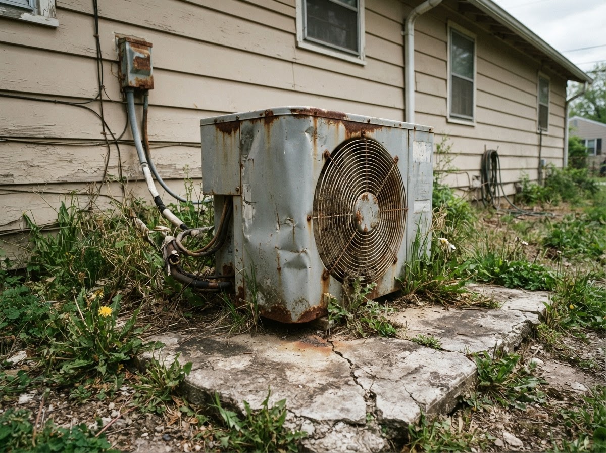 Old rusted outdoor A/C condenser unit before replacement in St. Louis